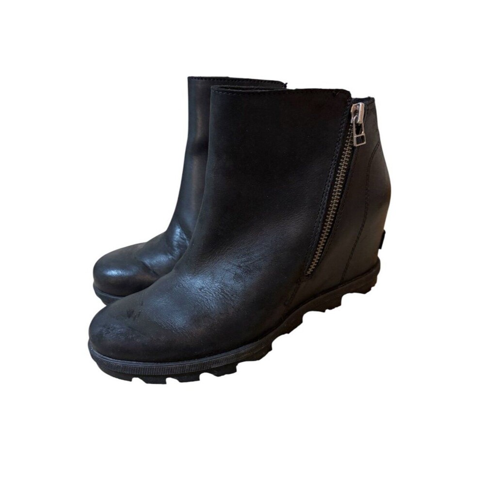 Sorel Joan of Arctic Wedge II Zip Ankle Boot Bootie Black Leather